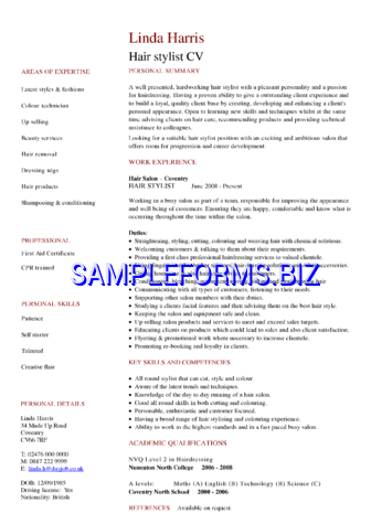 Hair Stylist CV Sample pdf free
